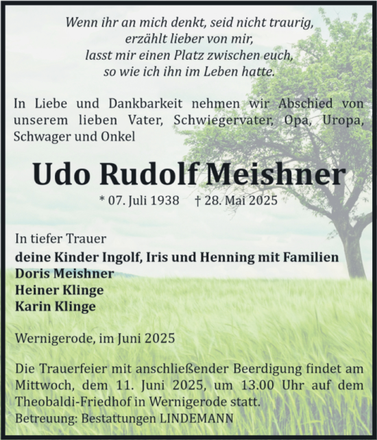 Traueranzeige von Udo Rudolf Meishner von Volksstimme Wernigerode