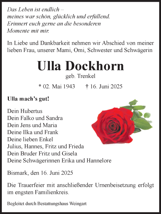 Traueranzeige von Ulla Dockhorn von Volksstimme Altmark Ost