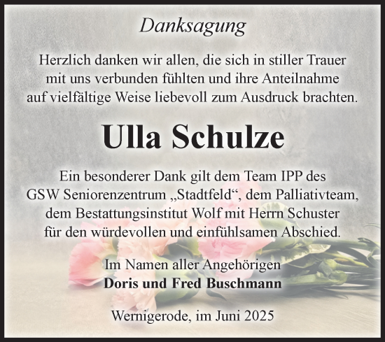 Traueranzeige von Ulla Schulze von Volksstimme Wernigerode