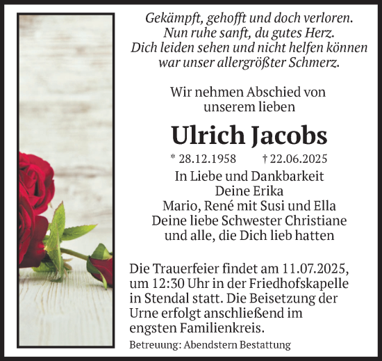 Traueranzeige von Ulrich Jacobs von Volksstimme Altmark Ost