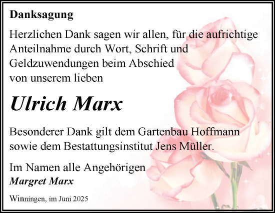 Traueranzeige von Ulrich Marx von Trauerkombi Aschersleben