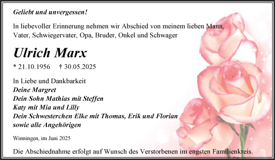 Traueranzeige von Ulrich Marx von Trauerkombi Aschersleben