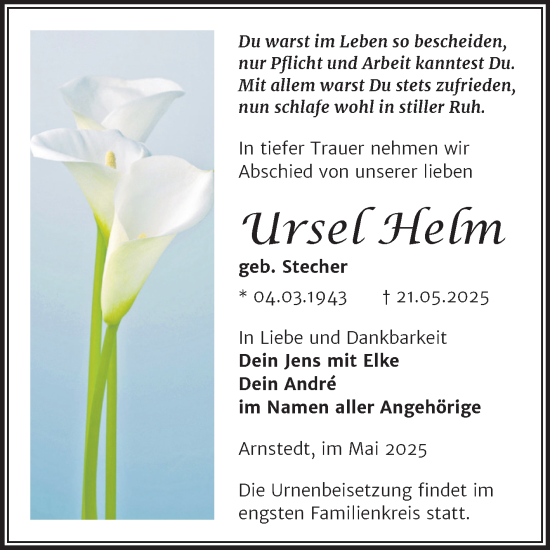 Traueranzeige von Ursel Helm von Trauerkombi Mansfelder Land
