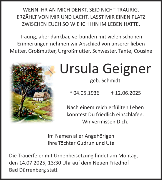 Traueranzeige von Ursula Geigner von Trauerkombi Merseburg