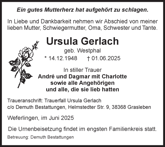 Traueranzeige von Ursula Gerlach von Volksstimme Haldensleben/Wolmirstedt