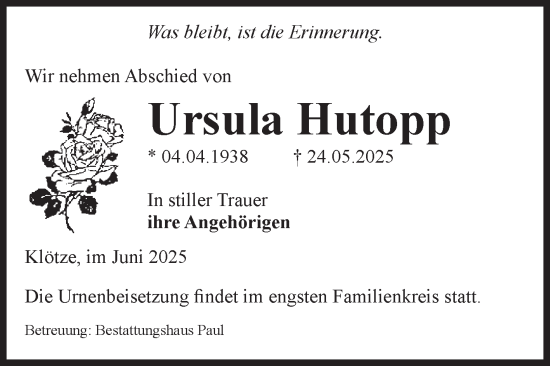 Traueranzeige von Ursula Hutopp von Volksstimme Altmark West