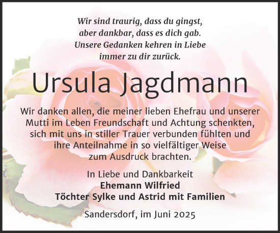 Traueranzeige von Ursula Jagdmann von Trauerkombi Bitterfeld