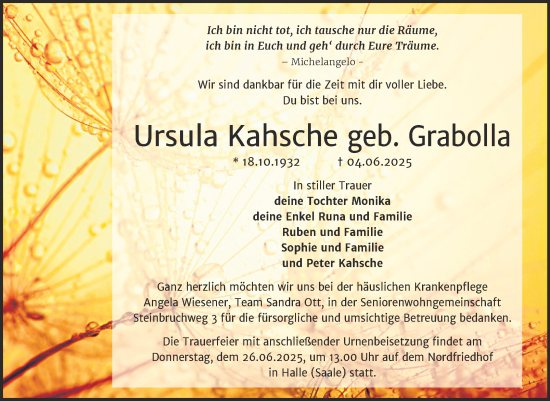 Traueranzeige von Ursula Kahsche von Mitteldeutsche Zeitung Halle/Saalkreis