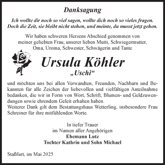 Traueranzeige von Ursula Köhler von Volksstimme Staßfurt