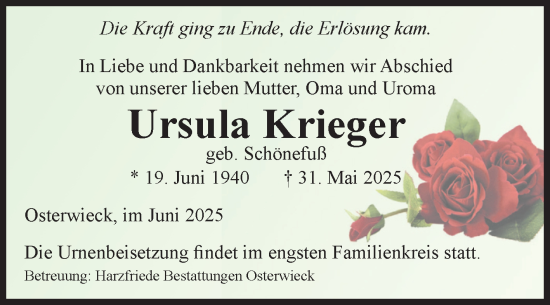 Traueranzeige von Ursula Krieger von Volksstimme Halberstadt
