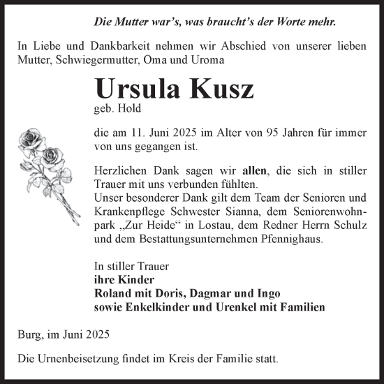 Traueranzeige von Ursula Kusz von Volksstimme Burg/Genthin