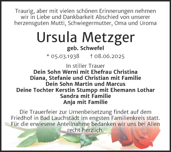 Traueranzeige von Ursula Metzger von Trauerkombi Merseburg