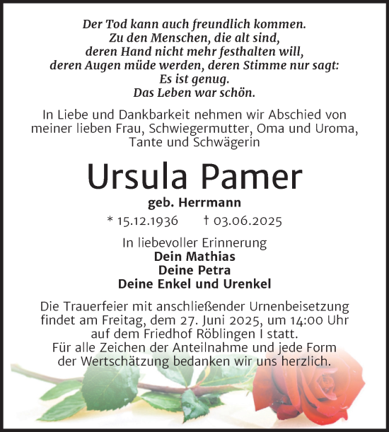 Traueranzeige von Ursula Pamer von Trauerkombi Mansfelder Land