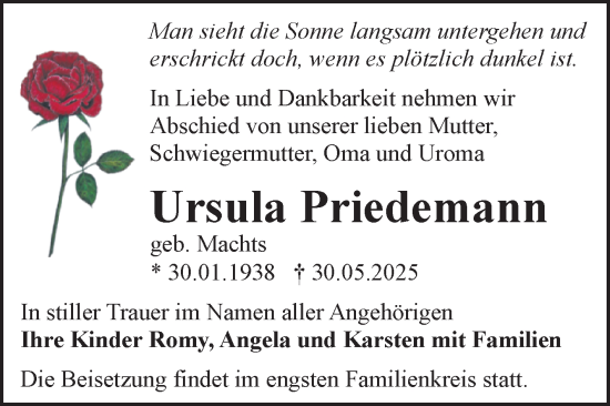 Traueranzeige von Ursula Priedemann von Super Sonntag Naumburg/Nebra