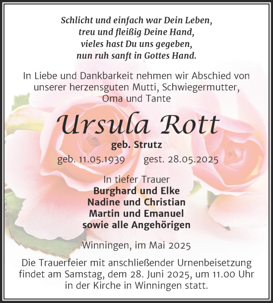 Traueranzeige von Ursula Rott von Trauerkombi Aschersleben