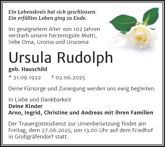 Traueranzeige von Ursula Rudolph von Trauerkombi Merseburg