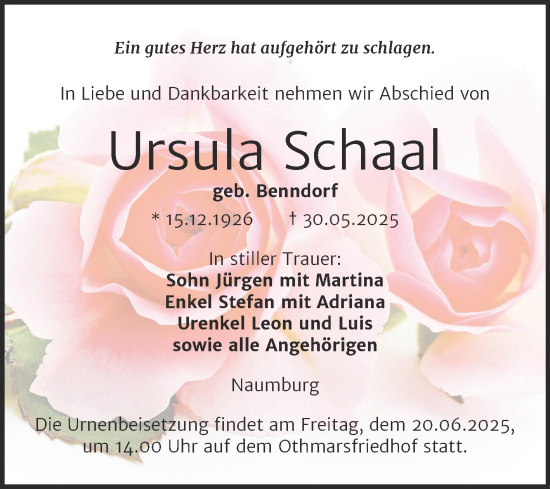 Traueranzeige von Ursula Schaal von Super Sonntag Naumburg/Nebra
