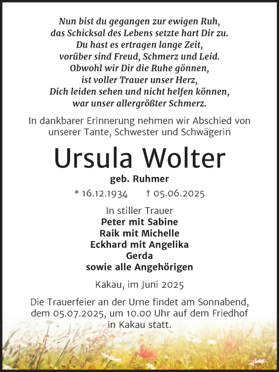 Traueranzeige von Ursula Wolter von Trauerkombi Wittenberg