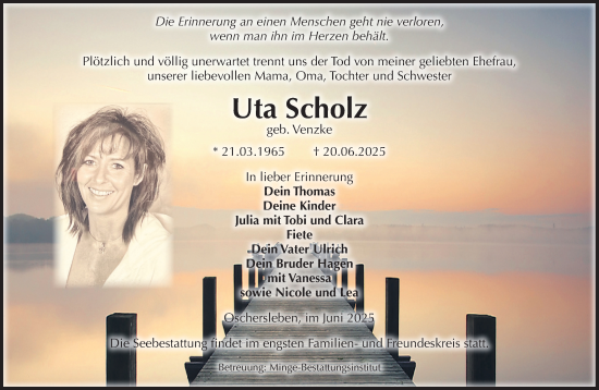 Traueranzeige von Uta Scholz von Volksstimme Oschersleben/Wanzleben