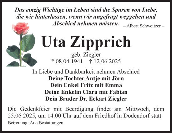 Traueranzeige von Uta Zipprich von Volksstimme Magdeburg