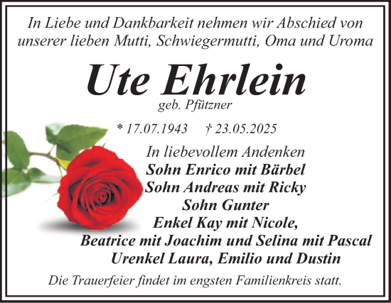 Traueranzeige von Ute Ehrlein von Trauerkombi Wittenberg