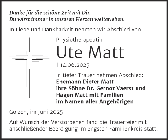 Traueranzeige von Ute Matt von Super Sonntag Naumburg/Nebra