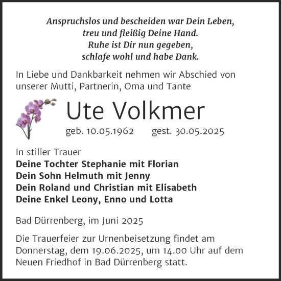 Traueranzeige von Ute Volkmer von Trauerkombi Merseburg