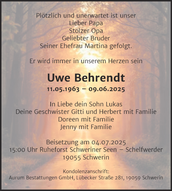 Traueranzeige von Uwe Behrendt von Trauerkombi Quedlinburg