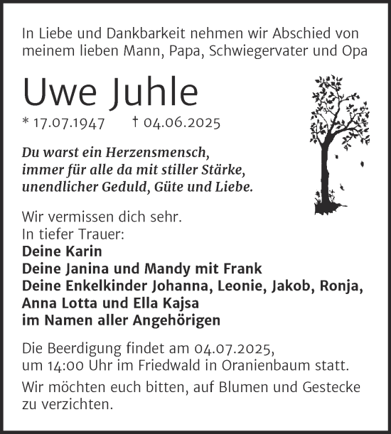 Traueranzeige von Uwe Juhle von Trauerkombi Dessau