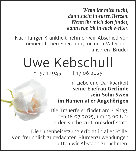 Traueranzeige von Uwe Kebschull von Super Sonntag Naumburg/Nebra