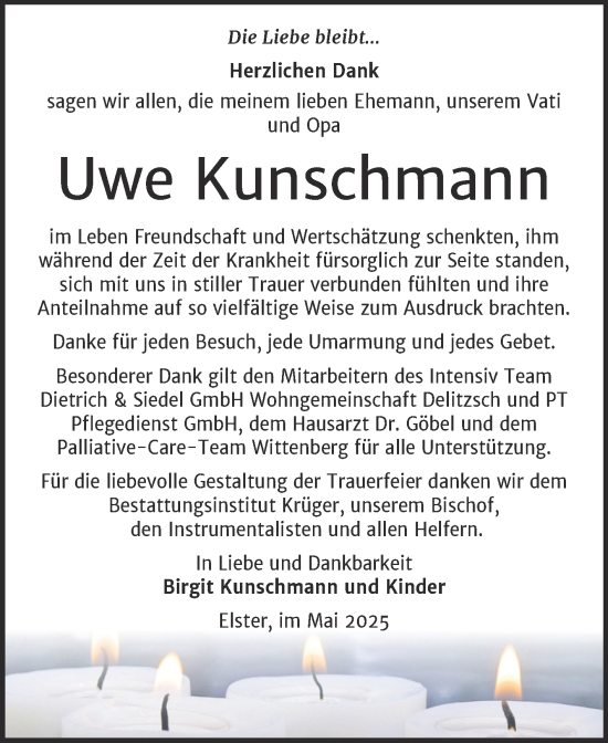 Traueranzeige von Uwe Kunschmann von Trauerkombi Wittenberg