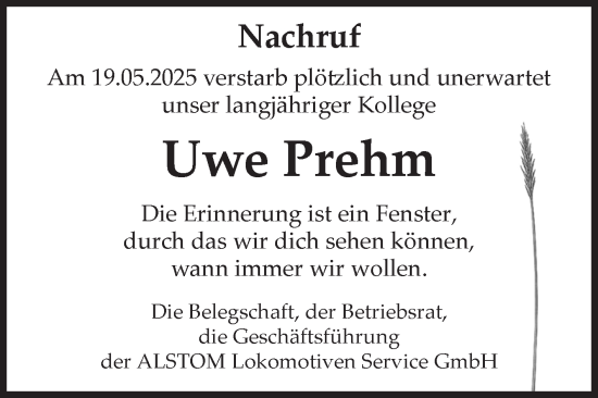 Traueranzeige von Uwe Prehm von Volksstimme Altmark Ost