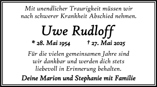 Traueranzeige von Uwe Rudloff von Trauerkombi Quedlinburg