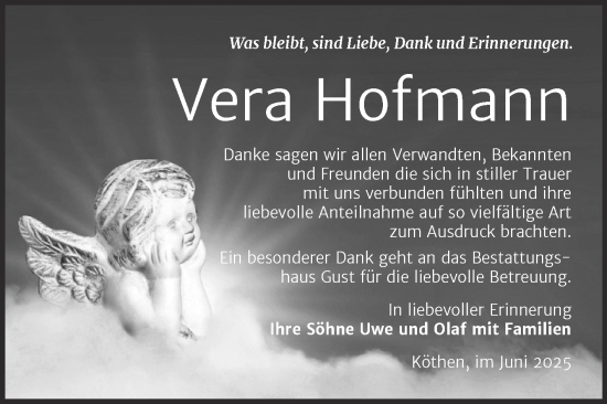 Traueranzeige von Vera Hofmann von Trauerkombi Köthen