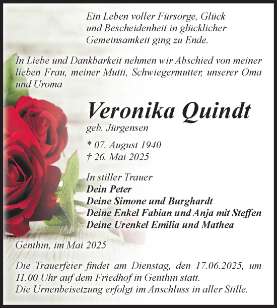 Traueranzeige von Veronika Quindt von Volksstimme Burg/Genthin