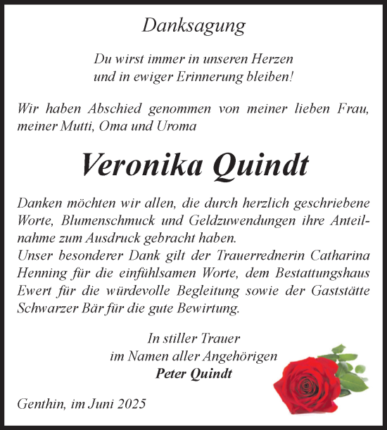 Traueranzeige von Veronika Quindt von Volksstimme Burg/Genthin