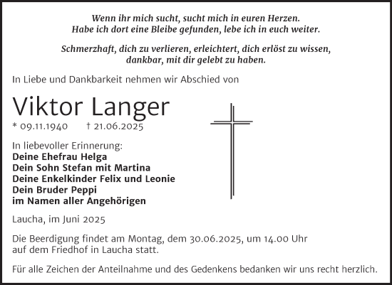 Traueranzeige von Viktor Langer von Super Sonntag Naumburg/Nebra
