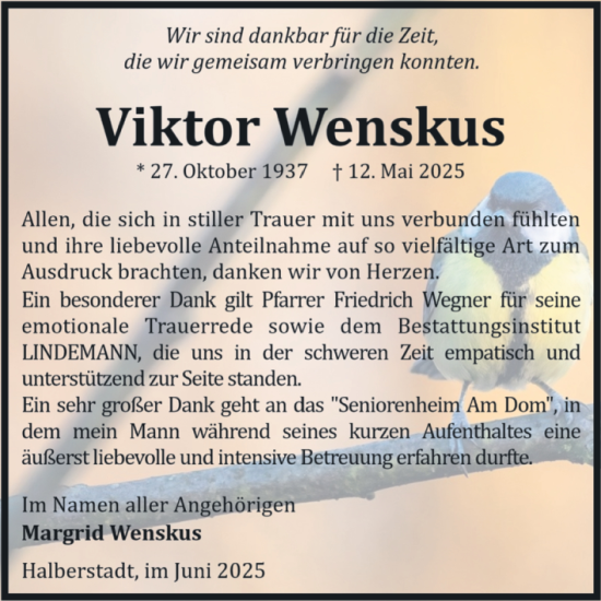 Traueranzeige von Viktor Wenskus von Volksstimme Halberstadt