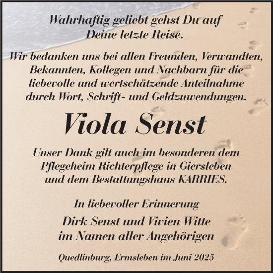 Traueranzeige von Viola Senst von Trauerkombi Quedlinburg