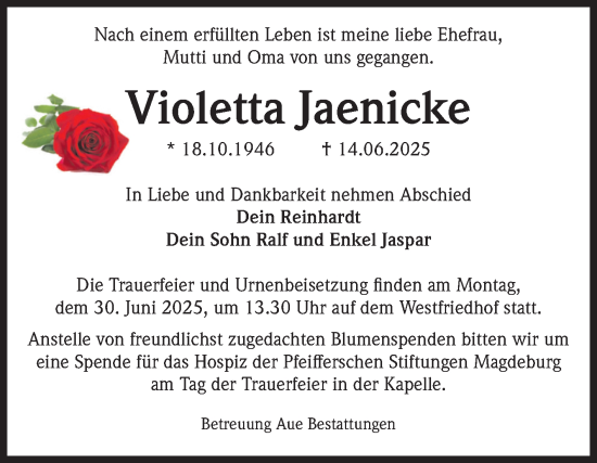 Traueranzeige von Violetta Jaenicke von Volksstimme Magdeburg
