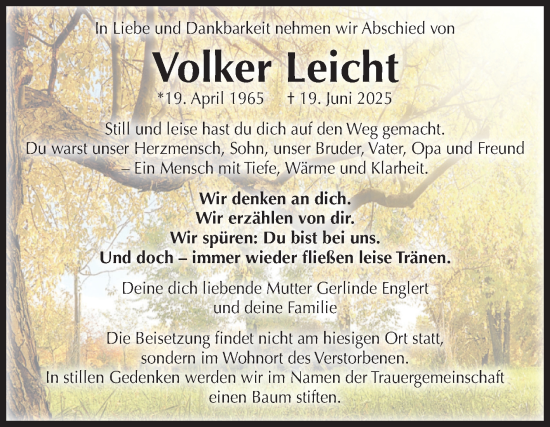 Traueranzeige von Volker Leicht von Volksstimme Oschersleben/Wanzleben