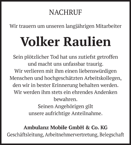 Traueranzeige von Volker Raulien von Volksstimme Schönebeck