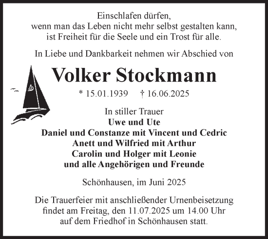 Traueranzeige von Volker Stockmann von Volksstimme Altmark Ost