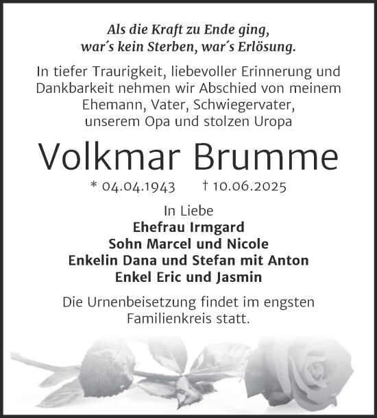 Traueranzeige von Volkmar Brumme von Trauerkombi Bernburg
