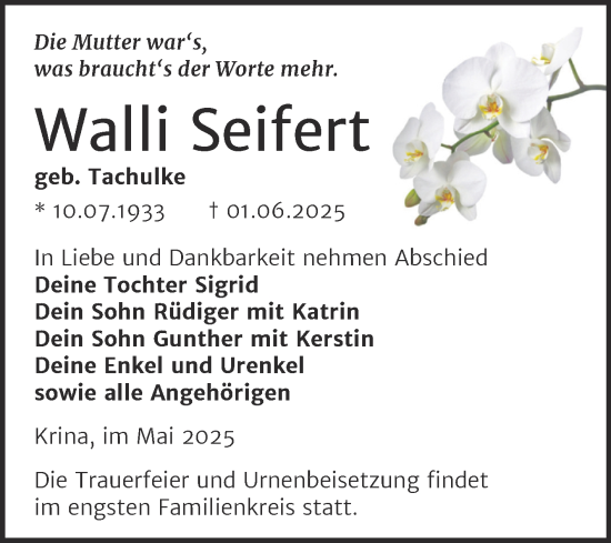 Traueranzeige von Walli Seifert von Trauerkombi Bitterfeld