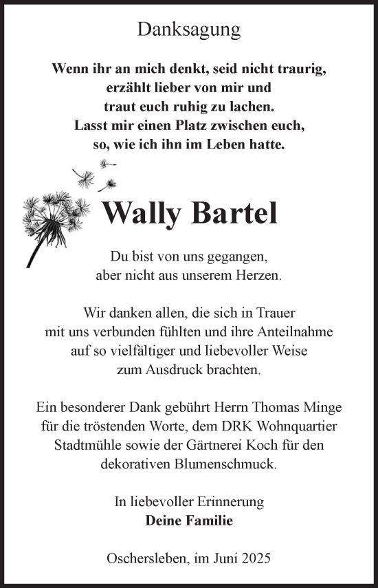 Traueranzeige von Wally Bartel von Volksstimme Oschersleben/Wanzleben