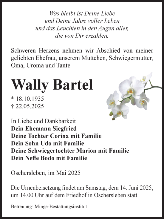 Traueranzeige von Wally Bartel von Volksstimme Oschersleben/Wanzleben