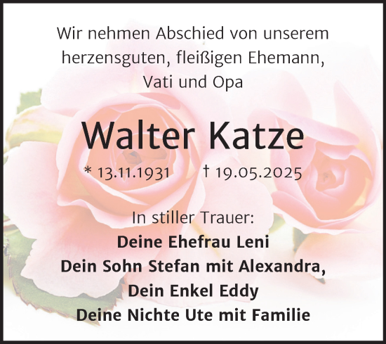 Traueranzeige von Walter Katze von Trauerkombi Merseburg