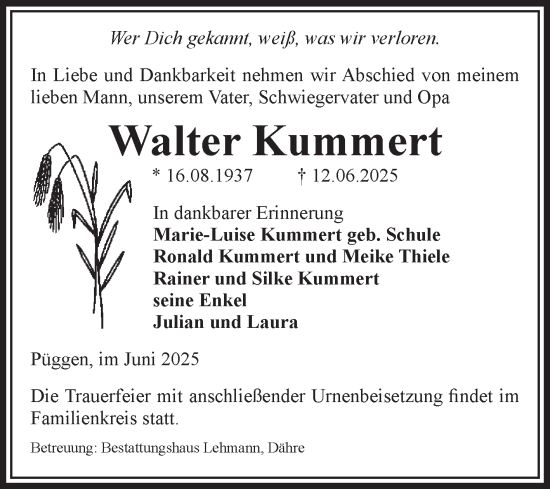Traueranzeige von Walter Kummert von Volksstimme Altmark West