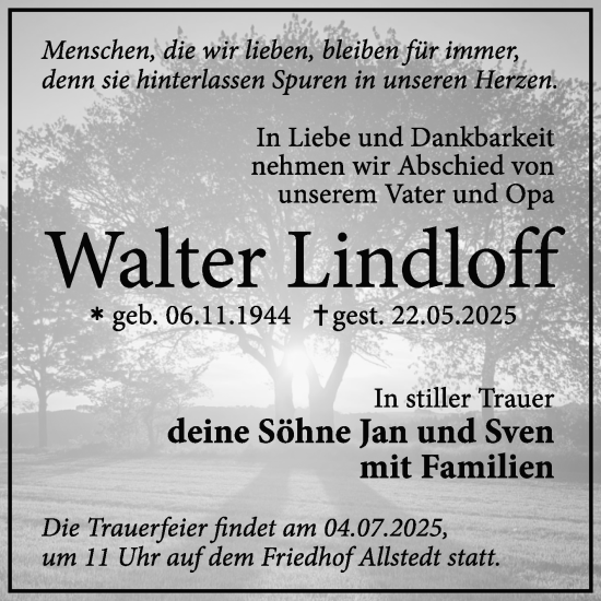 Traueranzeige von Walter Lindloff von Super Sonntag Sangerhausen